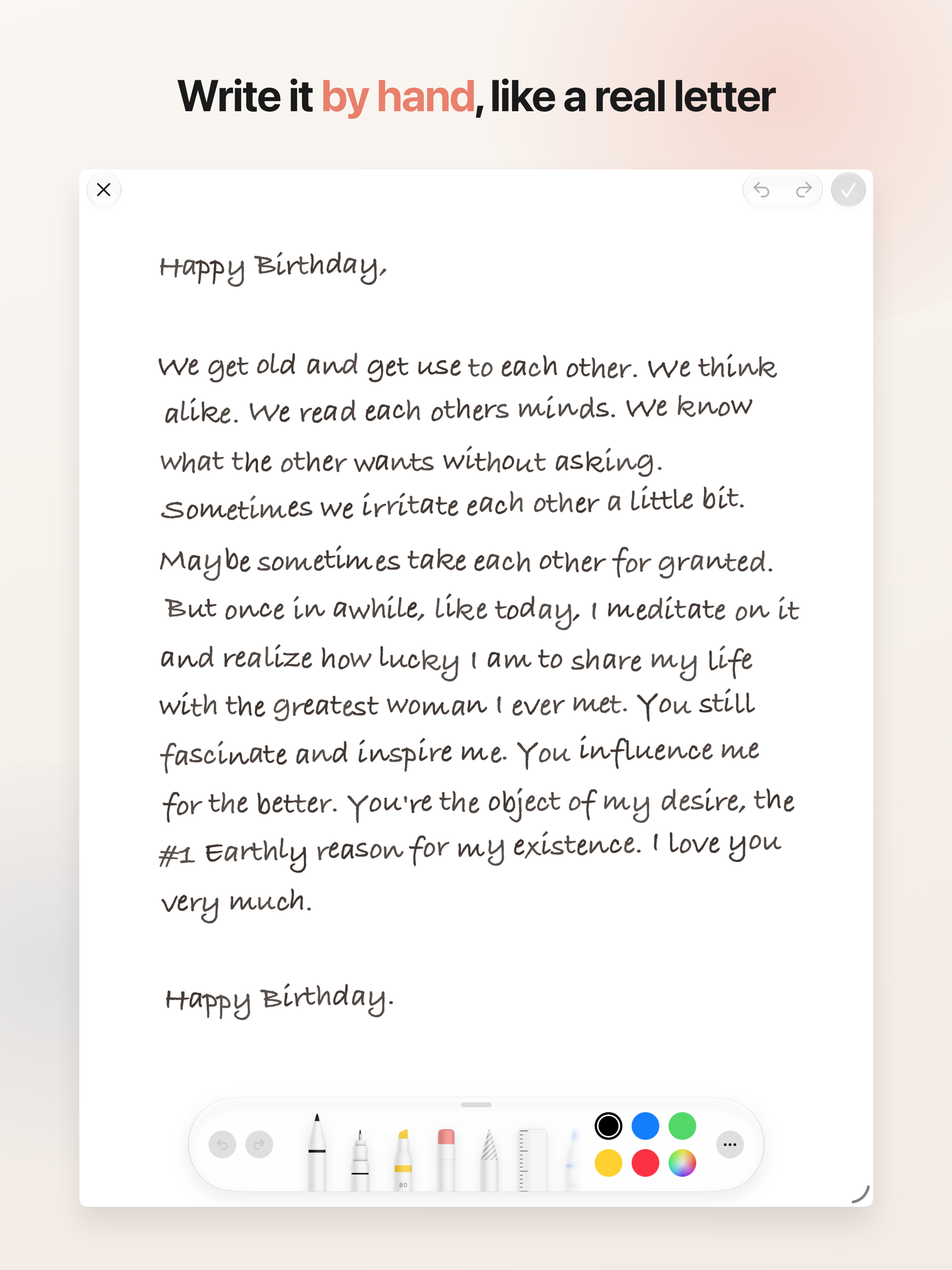 A handwritten birthday letter in Warmth, with the pen tools and colors at the bottom
